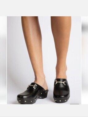 Penelope Chilvers Black Leather Mule Clogs with Silver Horsebit